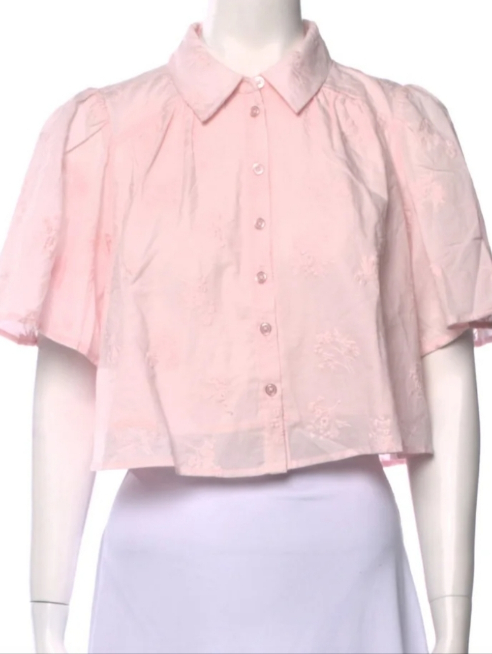 Caroline Constas Pale Pink Flutter-Sleeve Button-Down Crop Top Size L